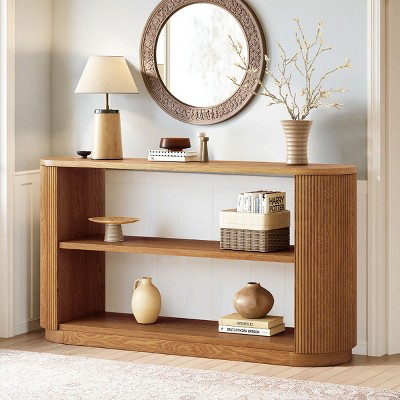 Wood Curved Fluted Storage Console Table,Entryway Display Table with Open Storage Shelf,3-Tier Slim Wood Grain Hallway Sofa Table-Coolbibila
