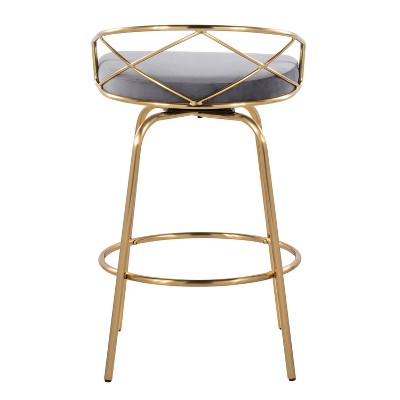 Charlotte 26" Gray Velvet and Gold Metal Swivel Counter Stools, Set of 2