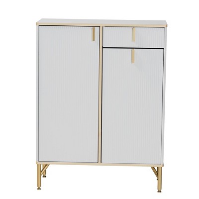 Baxton Studio Lilac Wood and Metal 2 Door Shoe Cabinet White/Gold: Mirrored Trim, 16 Pairs Storage, Rounded Legs