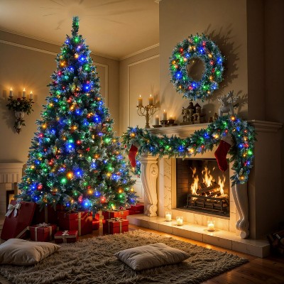 6FT Pre-Lit Aspen Fir Artificial Christmas Tree Set with Wreath & Garland, Xmas Tree with Multi-Color LED Lights - Maison Boucle