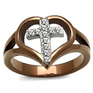 Slickblue Women's Ring, Stainless Steel Heart with Cross, Fashion Jewelry, Two-Tone Coffee Gold, Sizes 5-10 - 1 of 4