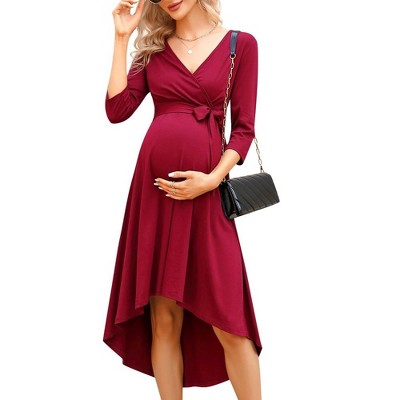 WhizMax Women's Maternity Dress Wrap V Neck 3/4 Sleeve Dress Casual Hi-Low Midi Nursing Breastfeeding Dress with Belted