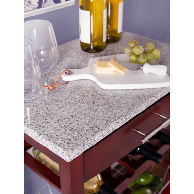 Small Red Pine Kitchen Cart with Granite Top and Wine Rack