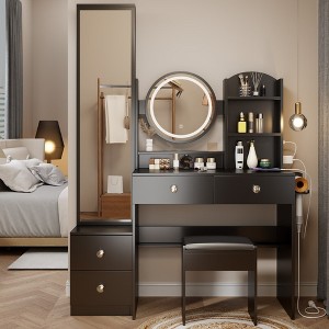 Vanity Table Set with Mirror, Cushioned Stool, 2 AC + 2 USB Power Station, LED Mirror, Touch Control, 3-color, Brightness adjustable, Large Desktop - 1 of 4