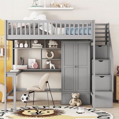 NicBex Full Size Bunk Bed with Desk Loft Bed Bed Frame with Shelves, Wardrobe, Storage Stair and Full Length Guardrails, No Box Spring Required