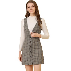 Allegra K Women's V Neck Gingham Check Pinafore Overalls Suspenders Plaid Print Dress - 1 of 4