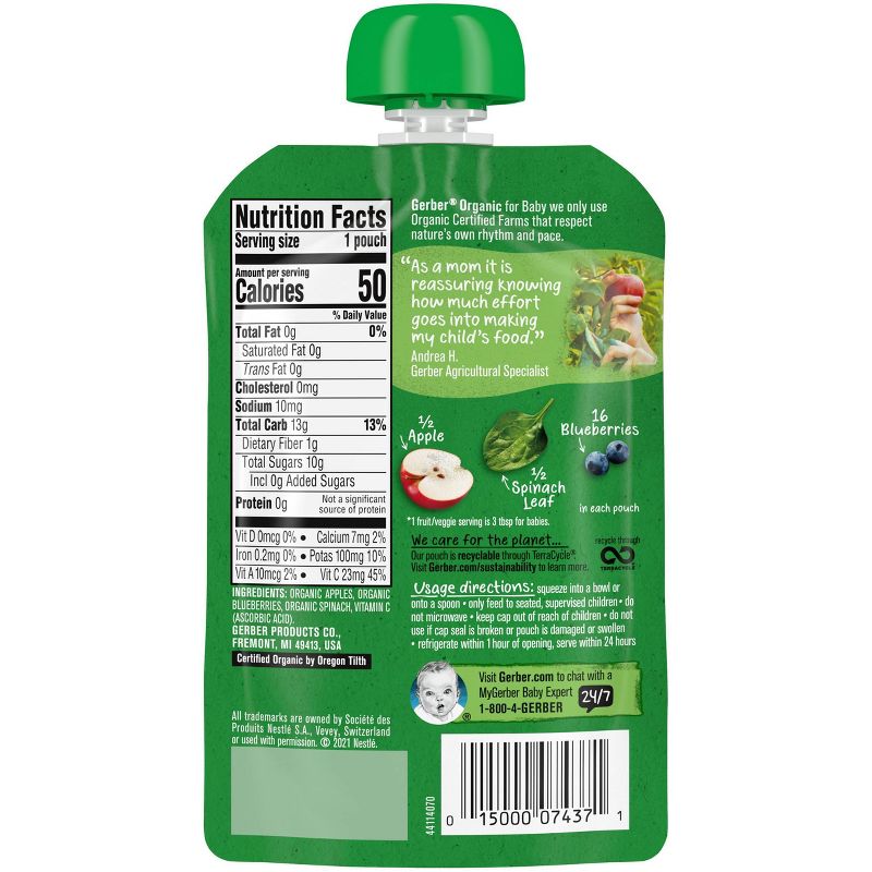 Gerber Organic 2nd Foods Apple Blueberry &#38; Spinach Baby Food Pouch - 3.5oz, 5 of 10