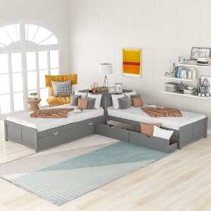 PAGED Twin Size Daybed Modern Simple L-Shaped Wooden Bed Frame with Trundle, Table and 2 Storage Drawers for Bedroom, Living Room - 1 of 4
