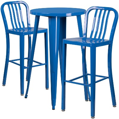 Emma and Oliver Commercial 24" Round Metal Indoor-Outdoor Bar Table Set & 2 Slat Back Stools