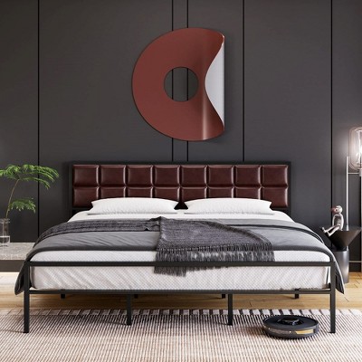 Faux Leather Platform Bed Frame with Upholstered Square Stitched Headboard