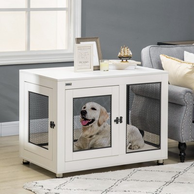Large White Wooden Dog Crate Table with Mesh Panels