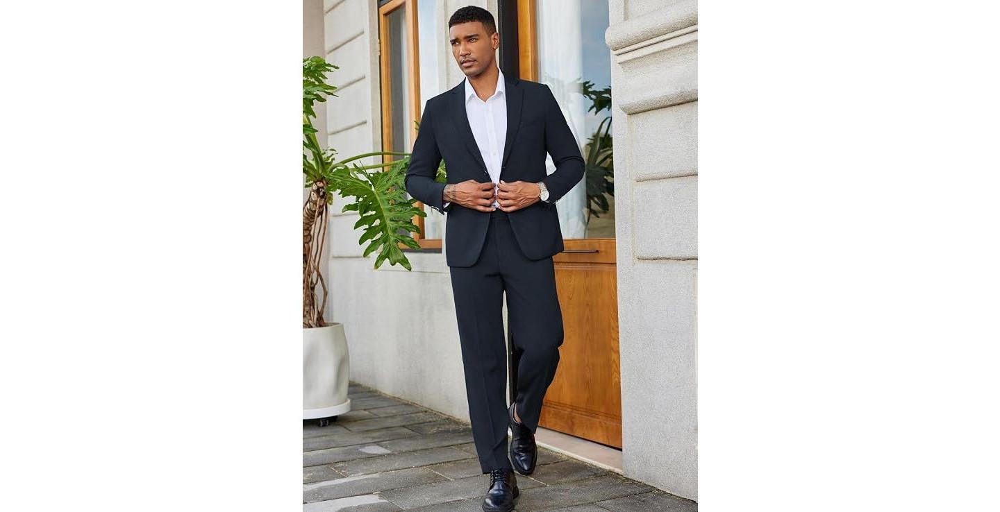 Мужской комплект COOFANDY 2 Piece Suits Slim Fit Two Button Blazer Pants Set for Casual Business Wedding Navy Blue, цвет: Тёмно-синий — фото 2