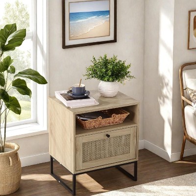 Rattan Nightstand, Boho Bedside Table with Storage Drawer & Metal Legs, Farmhouse Wood Small Night Stand End Table for Bedroom Living Room