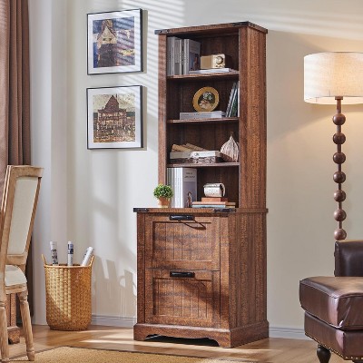 Farmhouse Bookshelf with 2 Large File Drawers, 72" Tall Bookcase with Storage,  4 Tier Rustic Wood Bookshelf for Home, Living Room