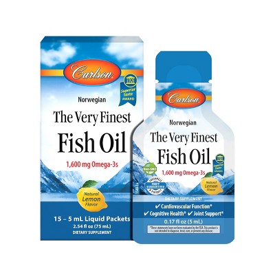 Carlson - The Very Finest Fish Oil Grab + Go Packets, Single-Serving, 1600 mg Omega-3s, Norwegian, Lemon