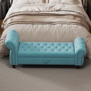 TiramisuBest 64.5" Velvet Storage Bed Bench - Tufted Chaise Lounge with Antique Nails, Khaki - 1 of 4