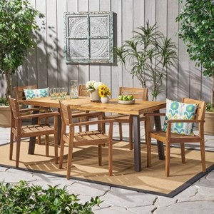 Christopher Knight Home Newton Outdoor Acacia Wood and Rustic Metal 7 Piece Dining Set - 1 of 4