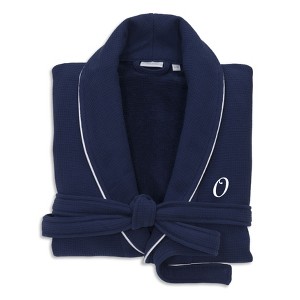 Linum Home Textiles Hotel 100% Turkish Cotton Waffle Terry Personalized Navy Bathrobe with Satin Piped Trim in White Script Font - 1 of 1