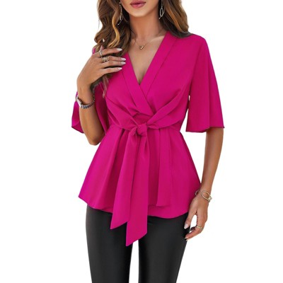 Clearlove Women's Textured Wrap V Neck Ruffle Short Sleeve Ruched Flowy Ruffled Blouse Tie Front Tunic Tops, Black - XL
