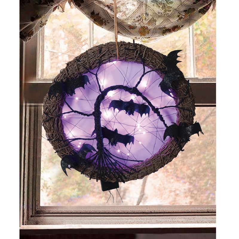 Northlight 15" LED Lighted Rattan with Bats Halloween Wreath - Purple Lights, 2 of 3
