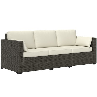 Outsunny Wicker Patio Couch, PE Rattan 3-Seat Sofa, Outdoor Furniture with Deep Seating, Cushions, Steel Frame