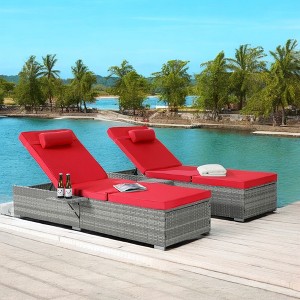 Mshliw Outdoor Chaise Lounge Chair Set of 2 with Adjustable Backrest and Cushions for Poolside, Garden, Patio, Beach - Gray Rattan with Red Cushions - 1 of 4