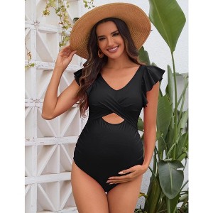 Ruffle Maternity Swimsuit One Piece High Waisted Pregnancy Bathing Suits Push Up Swimwear - 1 of 4