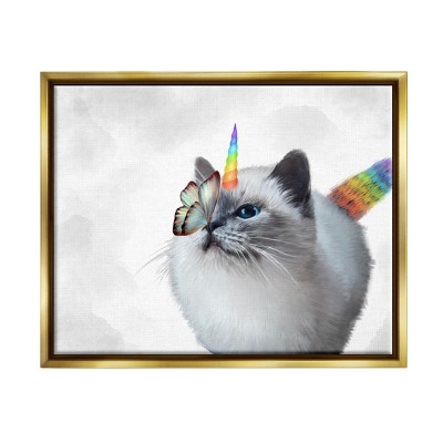 Stupell Industries Rainbow Unicorn Kitten Butterfly Framed Floater Canvas Wall Art