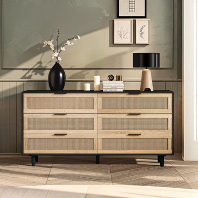 VYNXARIA 59" Black Rattan Storage Cabinet with 6 Drawers for Bedroom & Living Room