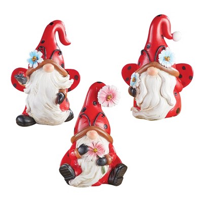 Collections Etc Hand-Painted Ladybug Garden Gnome Sitter Figurines - Set of 3, Size: Red - 12.380 x 7.000 x 4.000