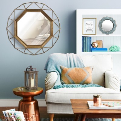 30.5" Round Antique Gold Geometric Wood Wall Mirror