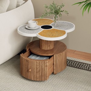 Okak Unique Fluted Flower-Shaped Coffee Table with Hidden Storage Drawer,Wooden Veneer Center Table for Living Room,Apartment - 1 of 4