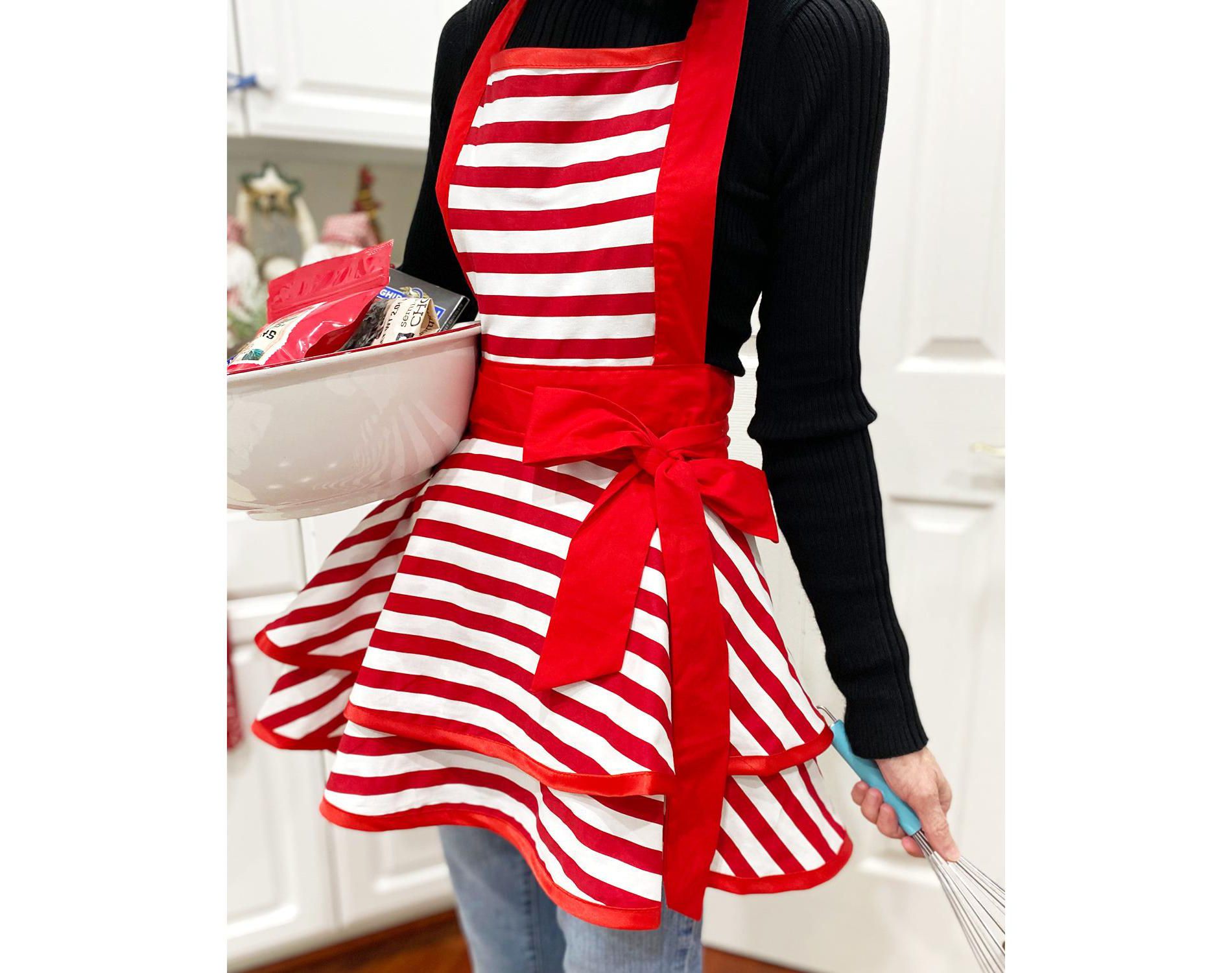 Wrapables Classic Vintage Christmas Holiday Apron, Stylish Cooking Apron, Red Stripe