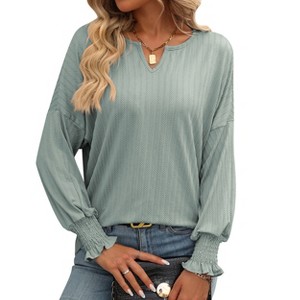 BLUEMING Womens Casual Shirts Long Lantern Sleeve Dressy V Neck Tunic Blouses Loose Business Work T-Shirts - 1 of 4