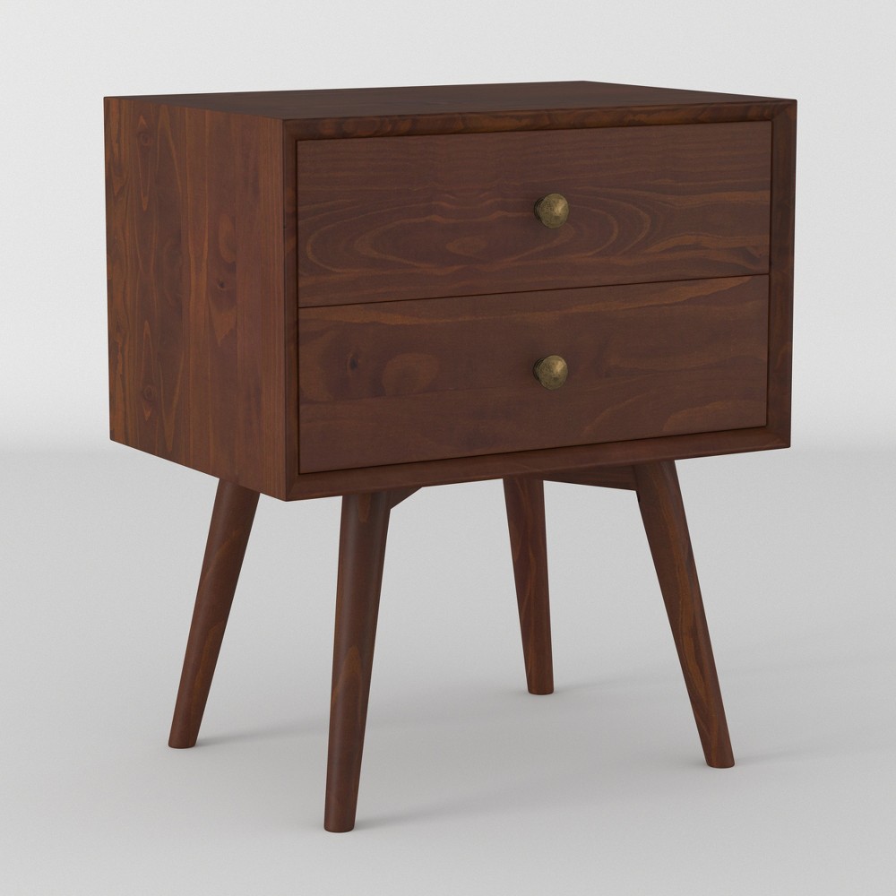 Photos - Storage Сabinet Greenberg 2 Drawer Mid-Century Modern Solid Wood Nightstand Walnut - Saracina Home: Beveled Edges, Antique-Finish Knobs