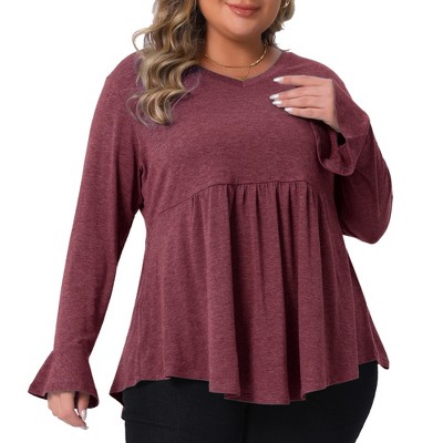 Agnes Orinda Women's Plus Size Pleat Peplum Curved Hem V Neck Ruffle Sleeve Casual Tunic Blouses