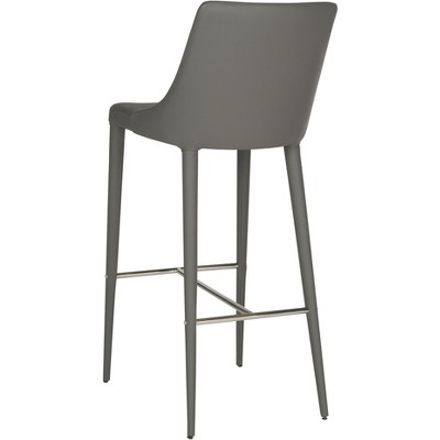 Transitional Gray Leather and Metal Bar Stool with Footrest