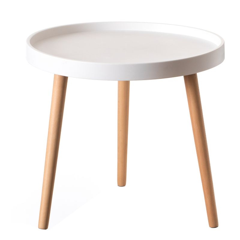 Fabulaxe Modern Plastic Round Side Table Accent Coffee Table with Beech Wood Legs, 2 of 8
