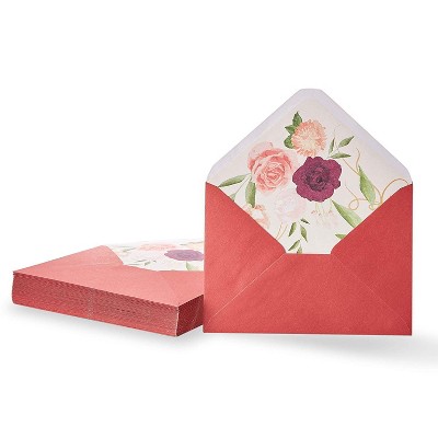 Paper Junkie 50-Pack A1 Watercolor Red with Floral Lining Envelopes 5 x 7 for Invitations & Greeting Cards