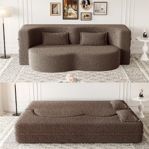 Modern 78" Teddy Fabric Floor Sofa Bed, Full Size Convertible Sleeper Couch with 2 Pillows, Plush Foam-Filled Folding Mattress for Living Room - 1 of 4