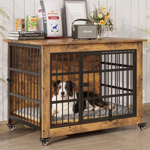 38.5" Dog Crate Furniture with Cushion and Wheels, Wooden Dog Kennel Indoor for Medium/Large Dogs, Rustic Brown - 1 of 4