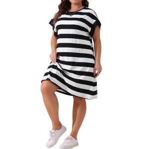 Agnes Orinda Women's Plus Size Striped Printed Short Sleeve Crewneck Midi Casual Tunic Dress - 1 of 4