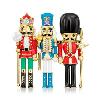 Ross-Simons 3.5-4mm Cultured Pearl, .38 ct. t.w. Multi-Gemstone and Multicolored Enamel Nutcracker Pin in 18kt Gold Over Sterling