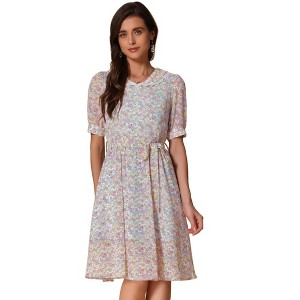 INSPIRE CHIC Women's Vintage Floral Peter Pan Collar High Waist Puff Sleeve A-line Midi Dress - 1 of 4