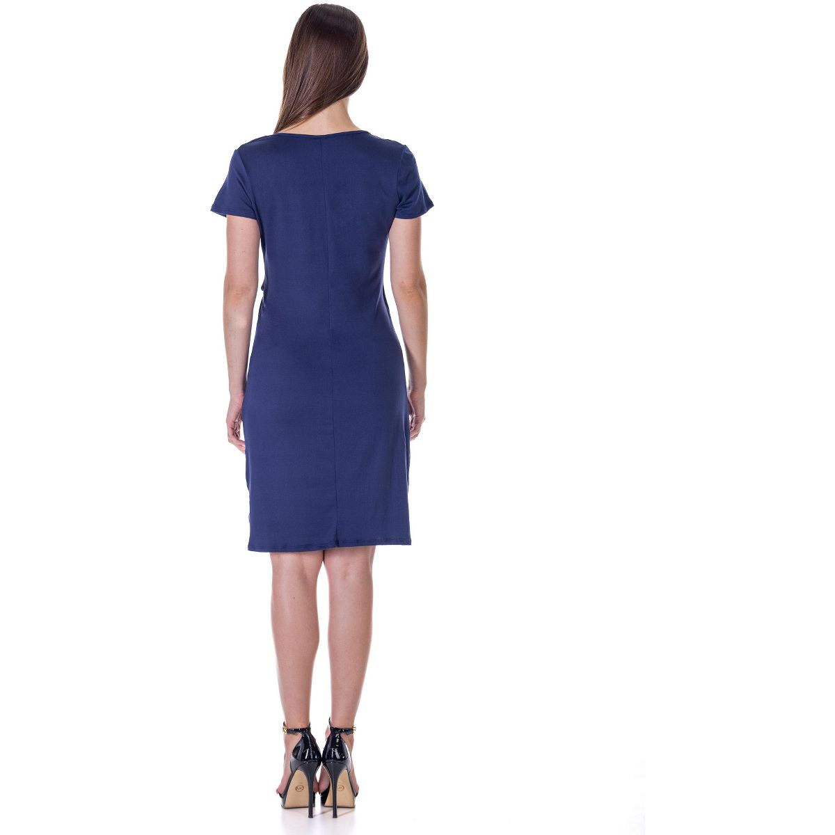 Petite Short Sleeve Knee Length Faux Wrap Dress - 24seven Comfort Apparel™ - thumbnail 8