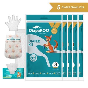 DiapaROO 5 in 1 Diaper Travel Kit, Super Soft & Leak Proof, Includes Wipes Gloves Sack Changing Pad, 5-Packs - 1 of 4