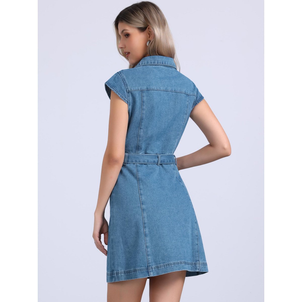 Женские платья INSPIRE CHIC Women's V-neck Cap Sleeve Belted Dress Light Blue Medium — фото 4
