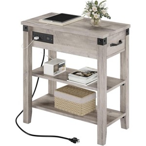 End Table with Charging Station, Flip Top Side Table with USB Ports and Outlets, Sofa Couch Table Bedside Table with Storage Shelves for Small Space - 1 of 4