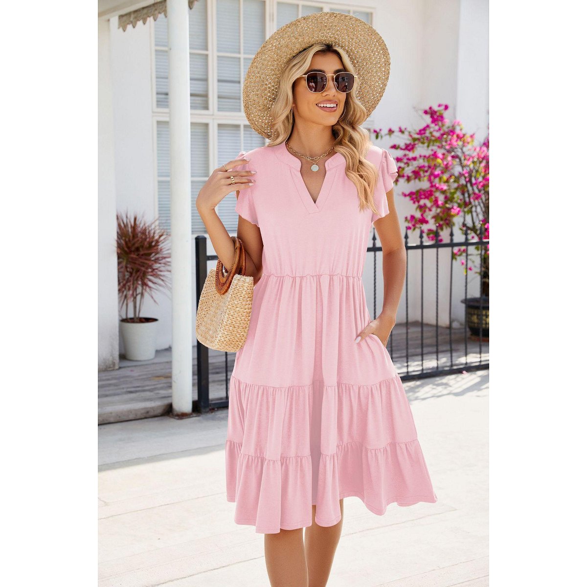 Женские платья EadianDree Womens Summer Dresses Short Flutter Sleeve V Neck Smocked High Waist Ruffle Tiered A Line Midi Sun Dress,Pink - Medium — фото 4