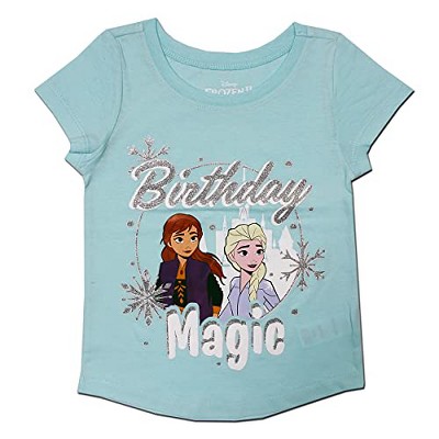 Disney Girl's Birthday Magic Anna and Elsa Frozen Short Sleeve Graphic Tee for Kids
